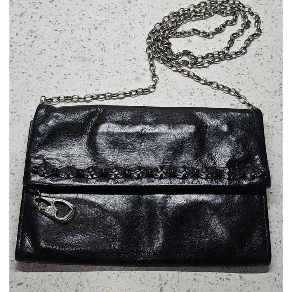 Brighton Black Leather Chain Crossbody Wallet Bag